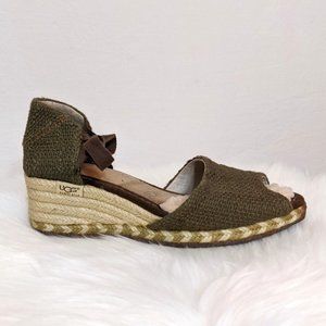 Ugg Peep Toe Fur Woven Espadrille Sandals in Olive